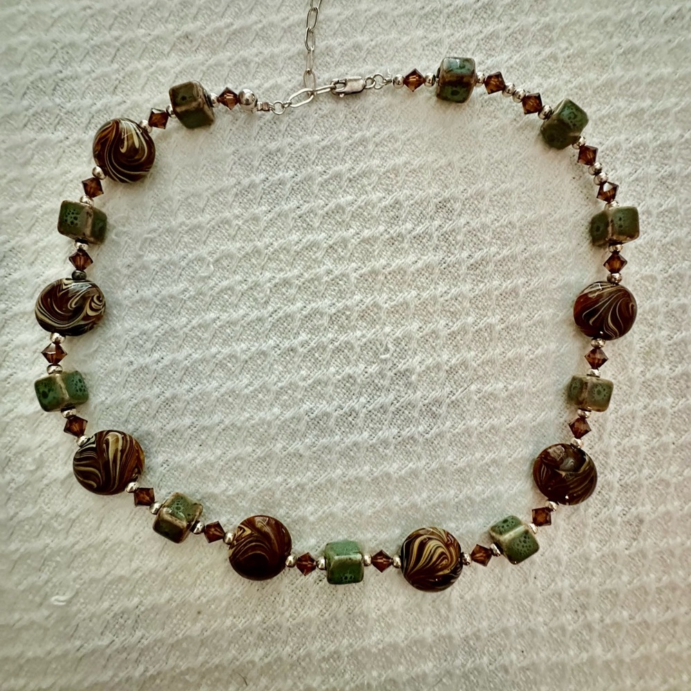 Hand Made Necklace, Glass Beads  & Ceramic Cubed Beads. Silver 926.